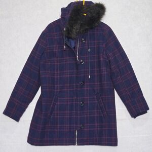 I heart Ronson Plaid Duffle Coat Navy Burgundy Faux Fur Hood XL Wool Blend Zip